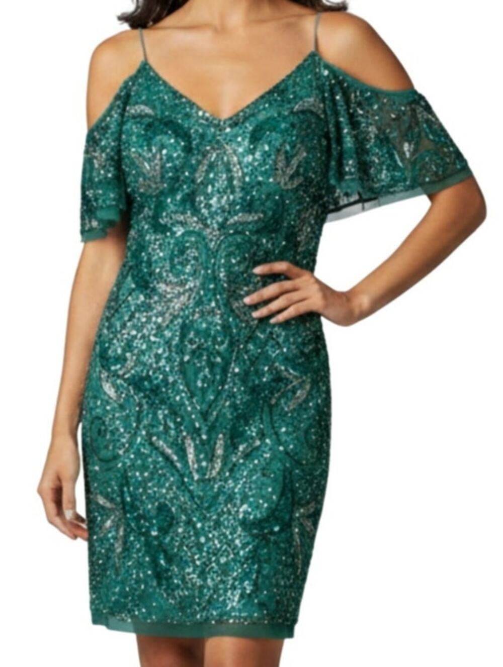 VTG Aidan Mattox Teal Silver Beaded Sequin Cold Shoulder Mini Cocktail Dress 2